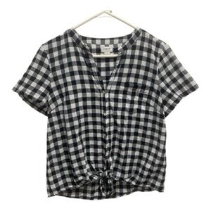 J Crew cotton short sleeve blouse tie black white check gingham lightweight
